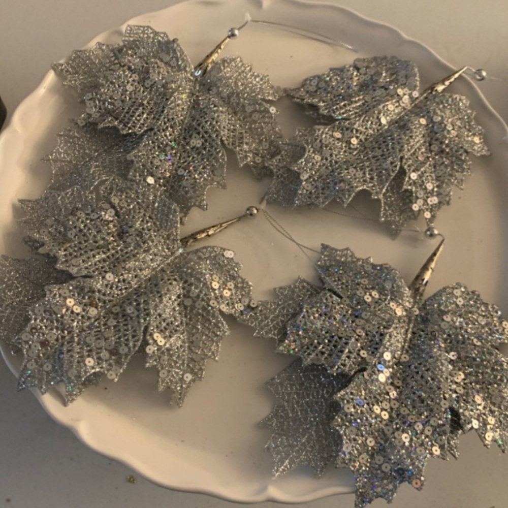 Christmas Silver/Gray Leaves Ornament Bundle
